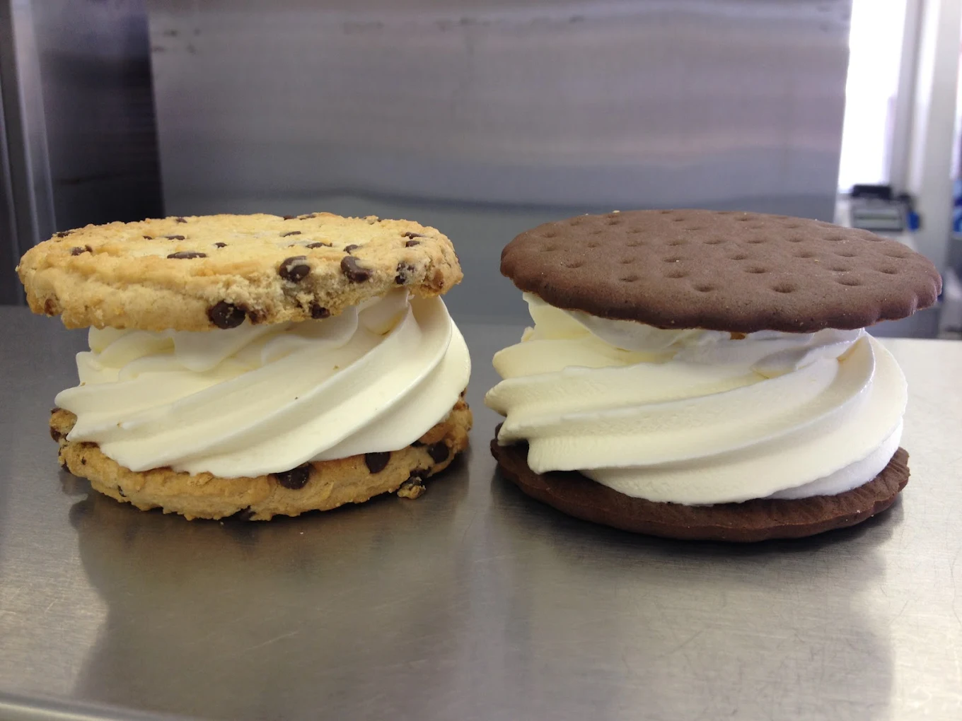 Chocolate chip and chocolate wafer ice cream sandwiches
