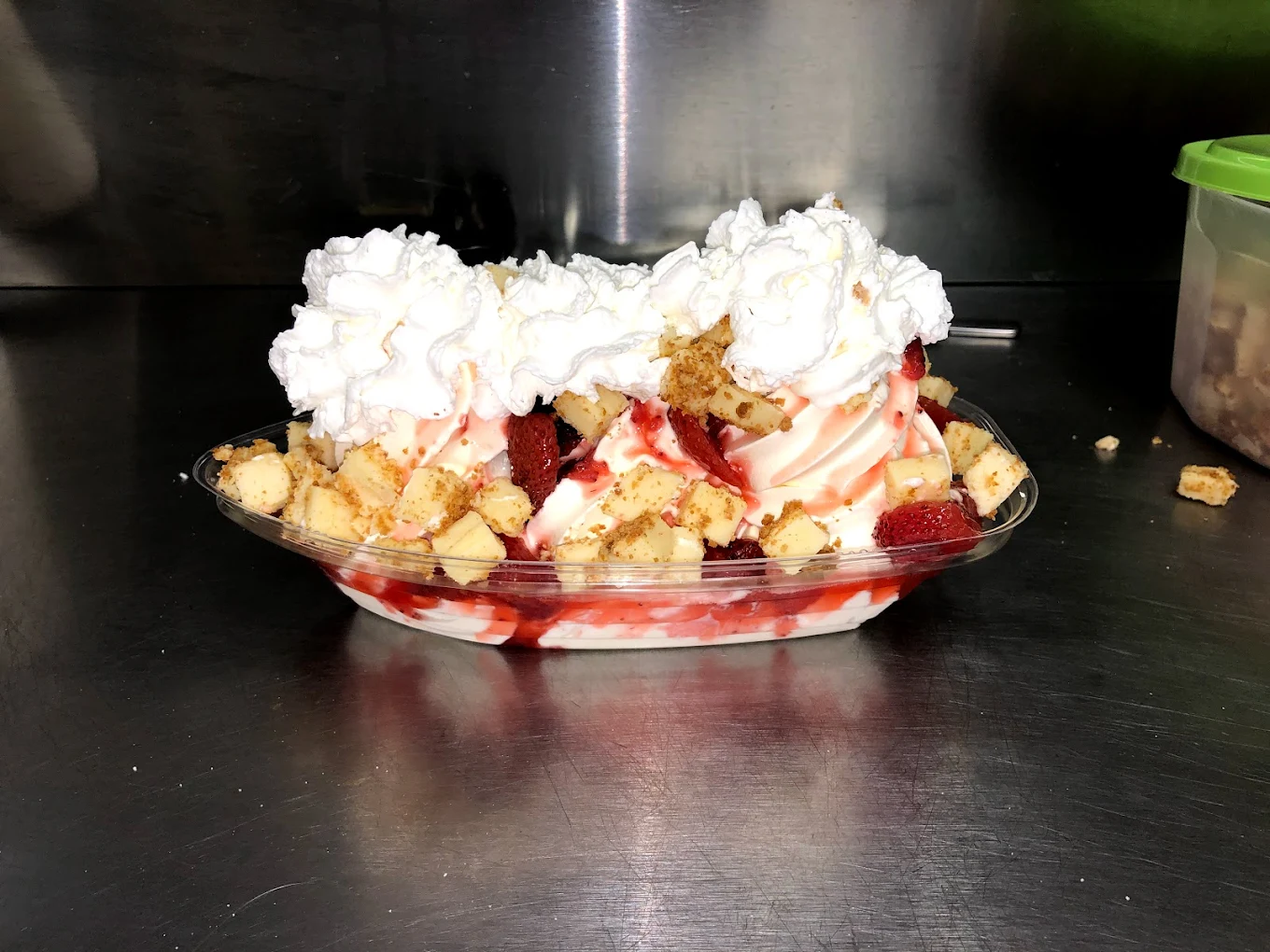 Strawberry shortcake sundae with whipped cream